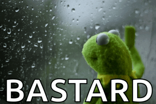 a kermit the frog looking out a window with the word bastard on the bottom right