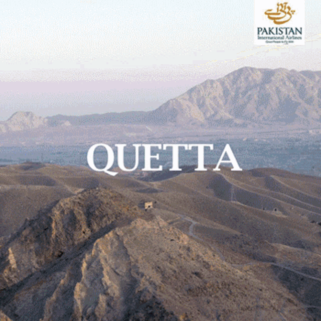an advertisement for quetta shows a mountain range with mountains in the background