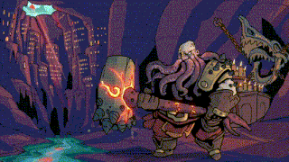 a pixel art drawing of a monster with tentacles holding a large axe