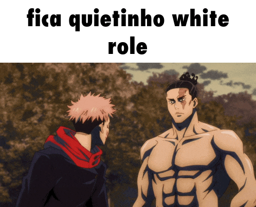 two anime characters are standing next to each other with the words fica quietinho white role above them