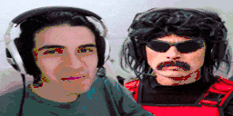 a man wearing headphones and sunglasses stands next to a man with a mustache