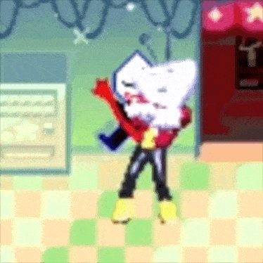 a cartoon character is dancing in front of a vending machine with a red star on it