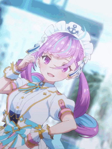 a girl with purple hair is wearing a maid hat with an anchor on it