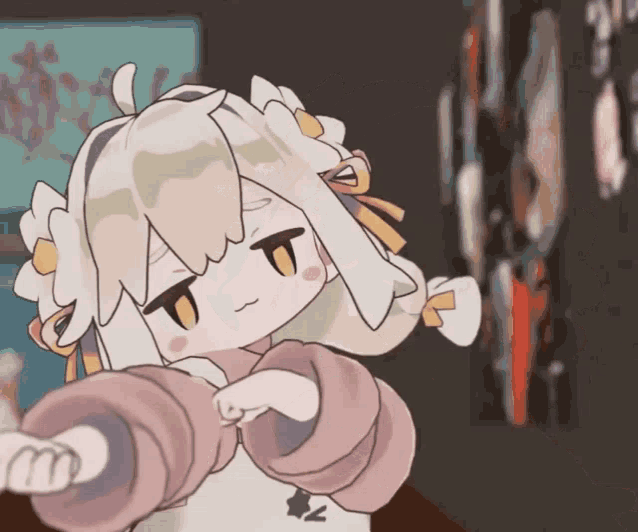 a cartoon drawing of a girl with white hair and yellow eyes