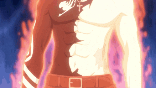 a man 's torso has a cross on it and a fairy tail logo on it