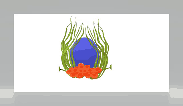 a blue egg is surrounded by greenery and red flowers on a white background