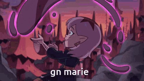 a cartoon of a girl with purple hair and the words gn marie below her