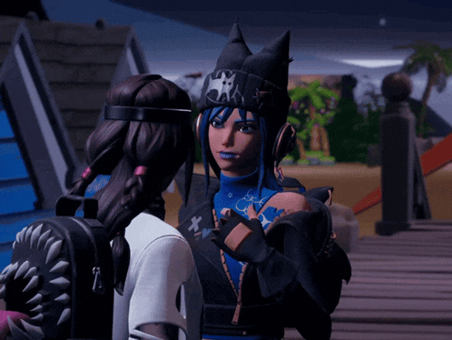 two video game characters are standing next to each other and one has a pirate hat on her head