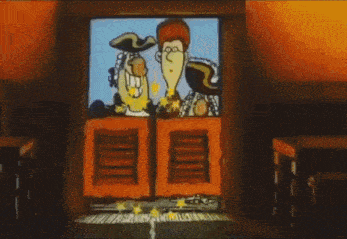 a cartoon of a man playing a piano in a room with barrels