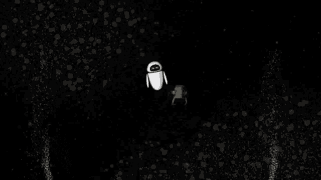 a couple of cartoon characters are standing next to each other in a dark room .