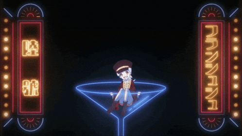 a cartoon character is sitting in a martini glass surrounded by neon lights