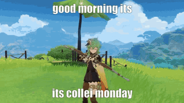 a video game character is holding an umbrella and says good morning its coller monday