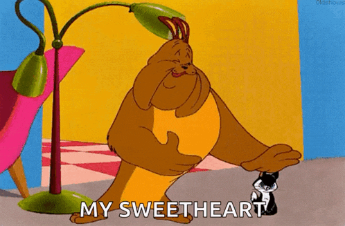 a cartoon character says my sweetheart while holding a cat