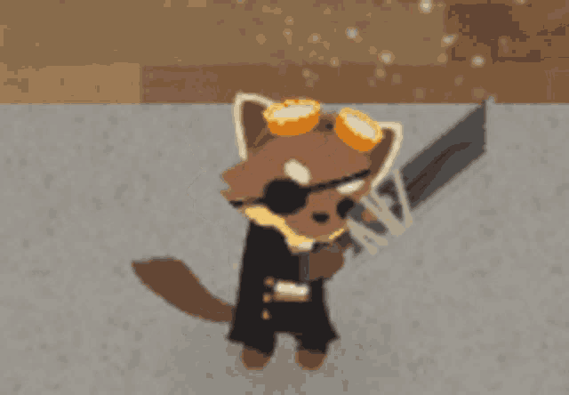a cartoon fox wearing sunglasses and goggles holding a sword