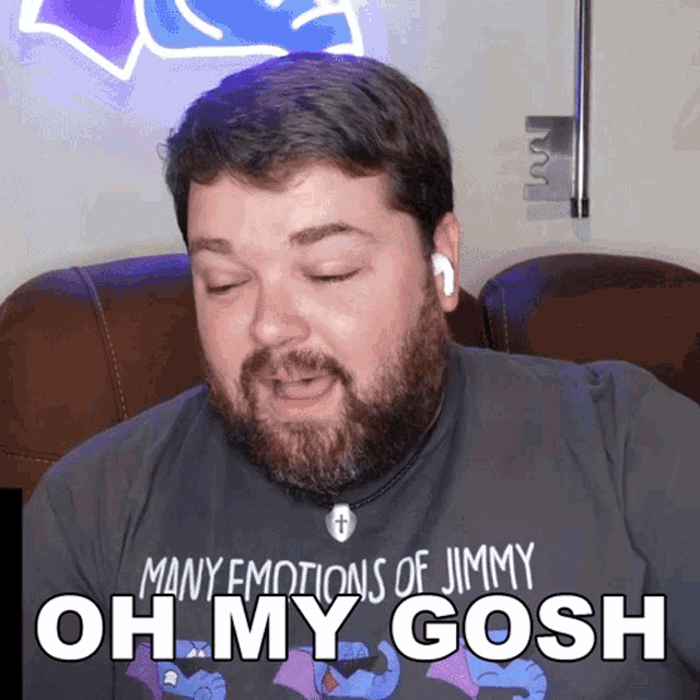 a man with many emotions of jimmy oh my gosh written on his shirt