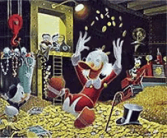 a painting of scrooge mcduck sitting on a pile of gold coins .