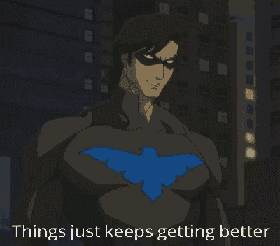 a cartoon of a man with a blue bird on his chest and the words things just keeps getting better