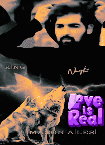 a poster that says love is real with a man and two wolves