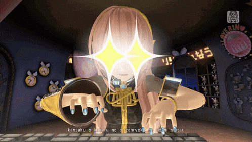 a cartoon girl is playing a video game and says kensaku on the bottom left