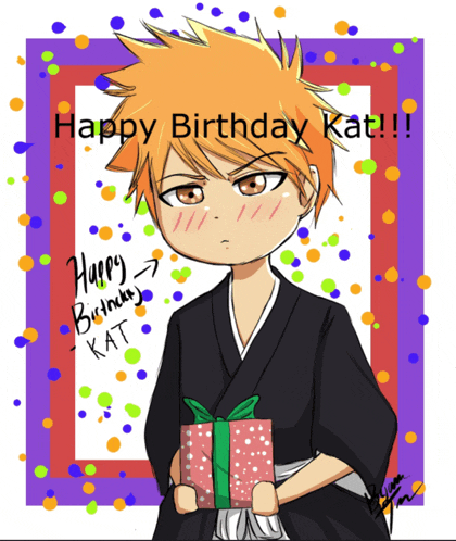 a drawing of a boy holding a gift with the words happy birthday kat on the bottom