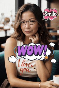 a woman wearing glasses and a shirt that says wow