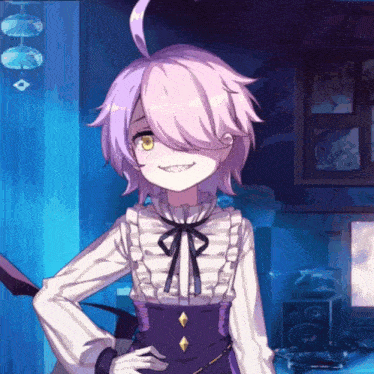 a cartoon character with purple hair and yellow eyes