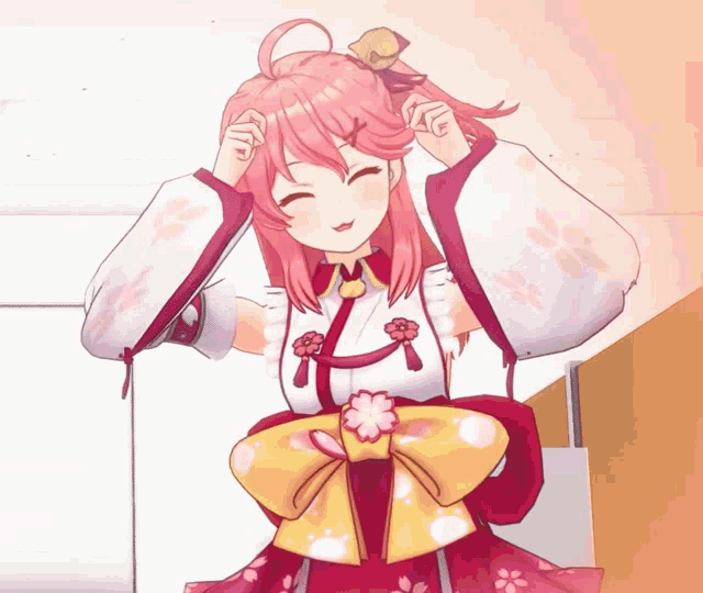 a girl with pink hair is wearing a red and white outfit
