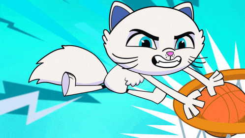 a cartoon cat is jumping through a basketball hoop