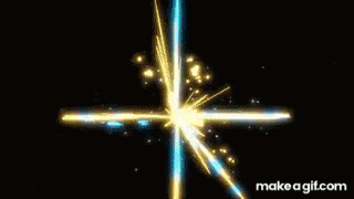 a blue and yellow light beam is coming out of a black hole .
