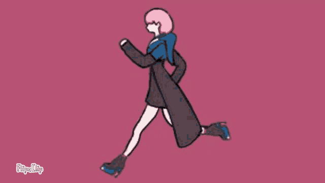 a cartoon of a girl with pink hair wearing roller skates and a coat .