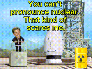 a cartoon of a man standing in front of a nuclear barrel