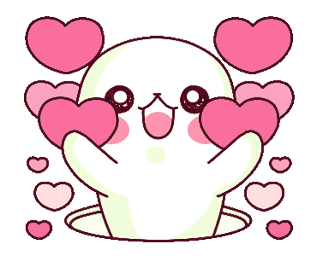 a cartoon drawing of a bird holding pink hearts in its hands