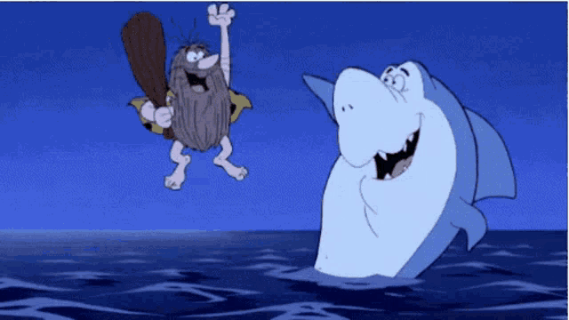 a cartoon of a man with a beard standing next to a shark in the ocean
