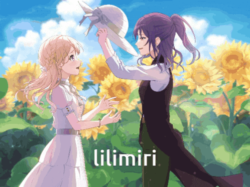 a painting of two girls in a field with lilimiri written on the bottom right