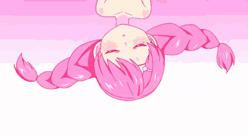 a girl with pink hair is laying upside down on a pink background