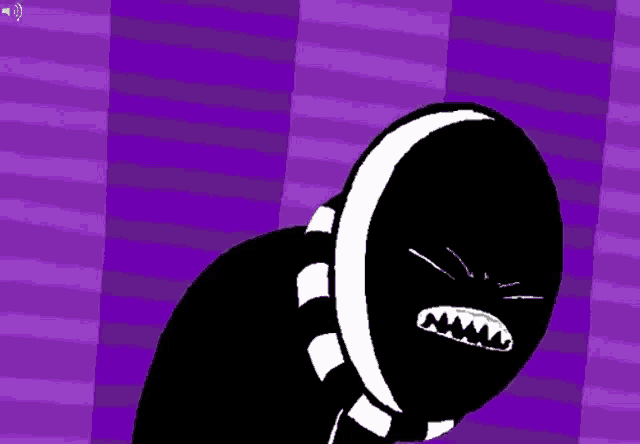 a black and white cartoon character is standing in front of a purple background .