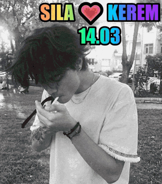 a black and white photo of a young man with the words sila kerem 14.03 above him