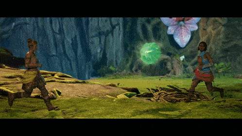 two women are standing in a field with a green sphere in the background