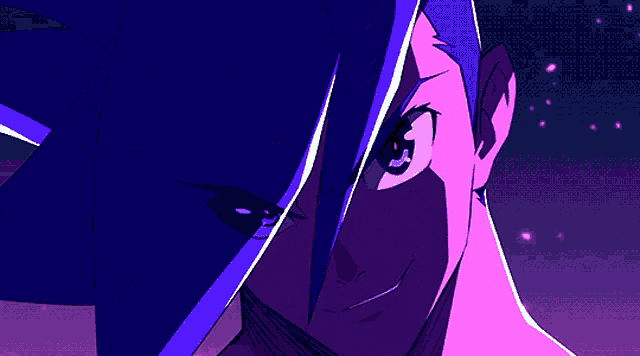 a close up of a purple and blue anime character