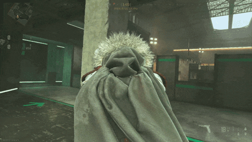a screenshot of a video game shows a person wearing a blanket and a fur hood