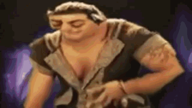 a cartoon man is standing in a dark room with his eyes closed and his shirt off .
