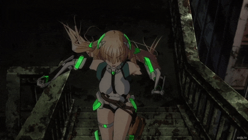 a girl with long blonde hair is walking down stairs