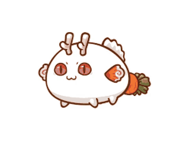 a cartoon drawing of a white animal with red eyes and a carrot in its mouth