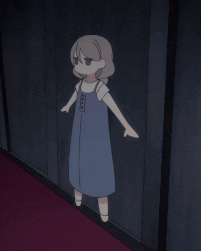 a little girl in a blue dress is standing in a dark room