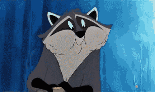 a cartoon raccoon is holding a piece of food in its paws .