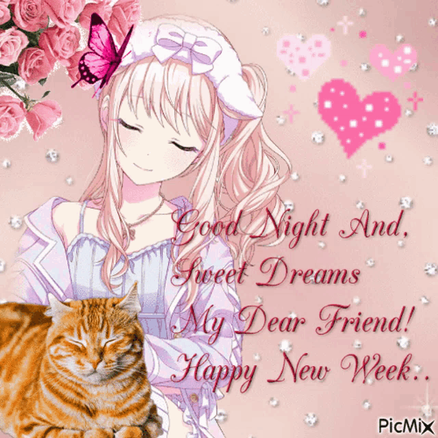 a picture of a girl holding a cat with the words " good night and sweet dreams my dear friend "
