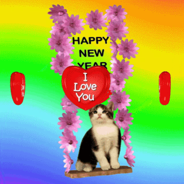 a happy new year greeting card with a cat holding a heart that says i love you