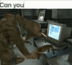 a monster is standing in front of a computer with the words " can you " written on the bottom