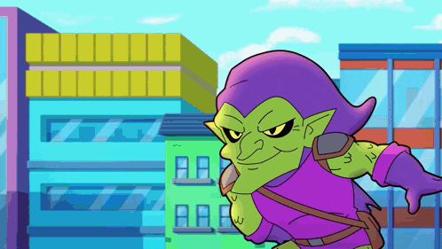 a green and purple goblin is standing in front of a building that says ' aa ' on it