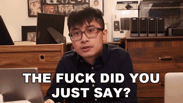 a man with glasses says " the fuck did you just say " in front of a laptop